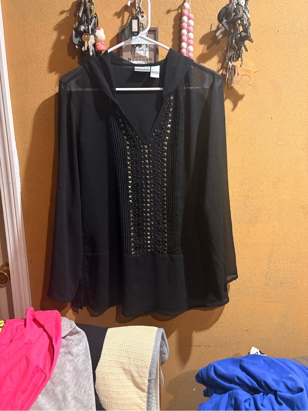 Chico's Black Sheer Hooded Blouse with Studded V-Neck